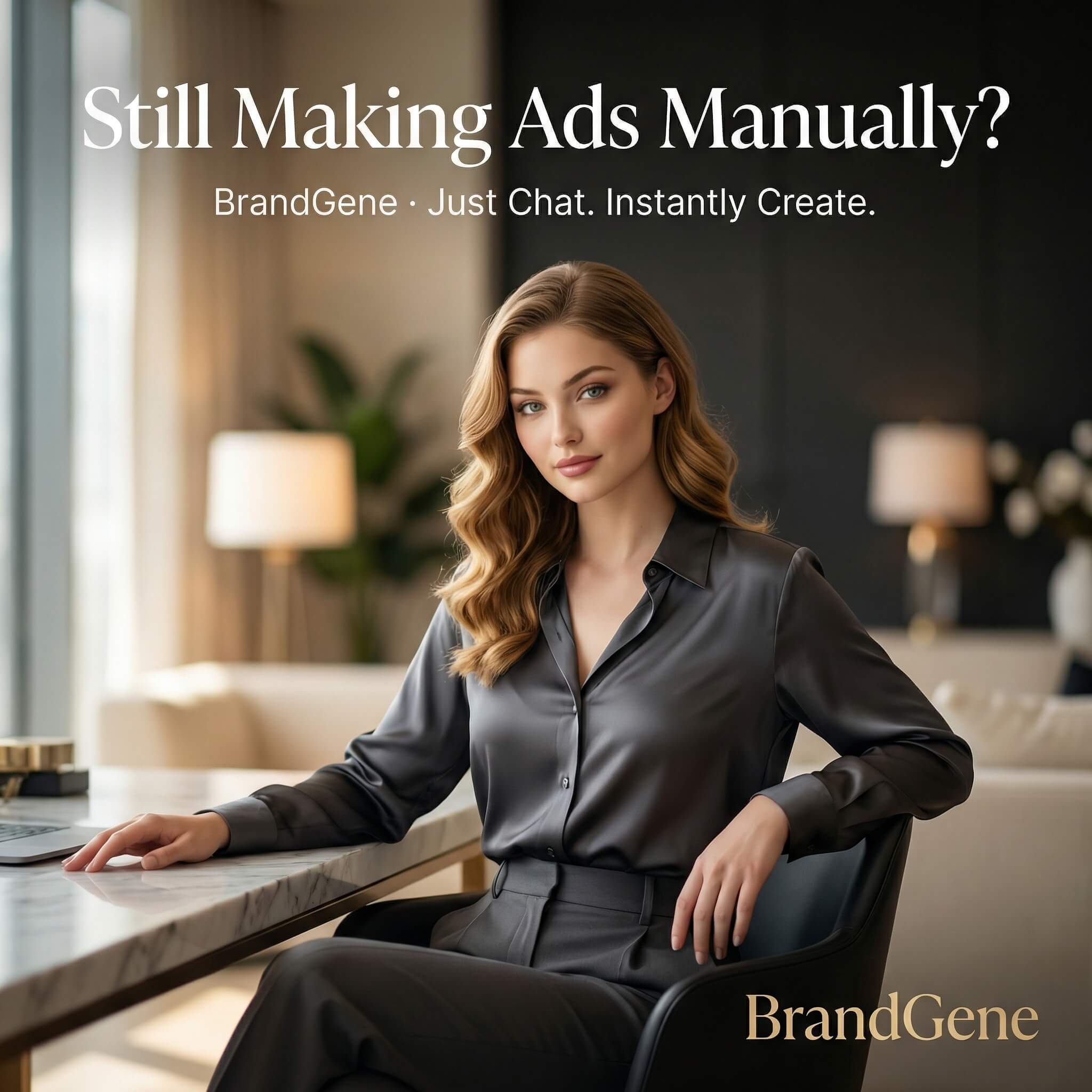 BrandGene example ad featuring a woman in a modern office, a headline, and the BrandGene name