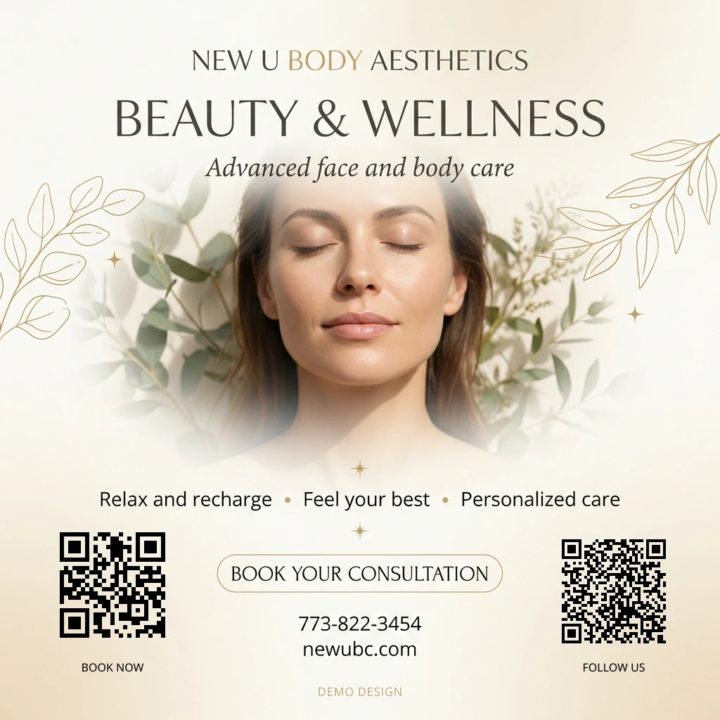 Example beauty business flyer with a booking message, contact details and two labeled QR codes