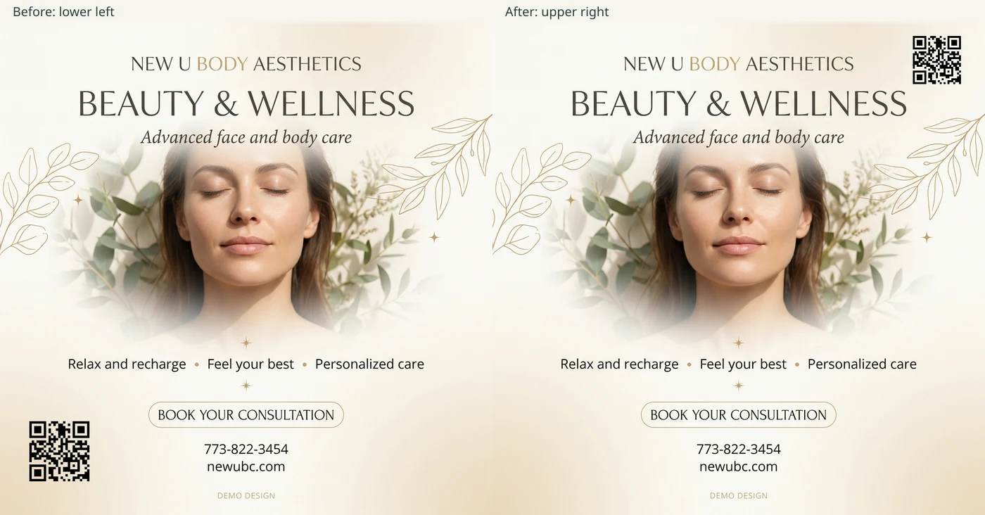 Same business flyer before and after a chat request, with its QR code moved from lower left to upper right